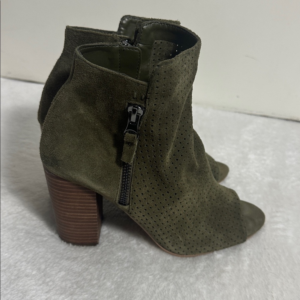 Open Peep Toe Suede Leather 7.5‎ Olive Green Fairy Grunge Boho Bootie Heels